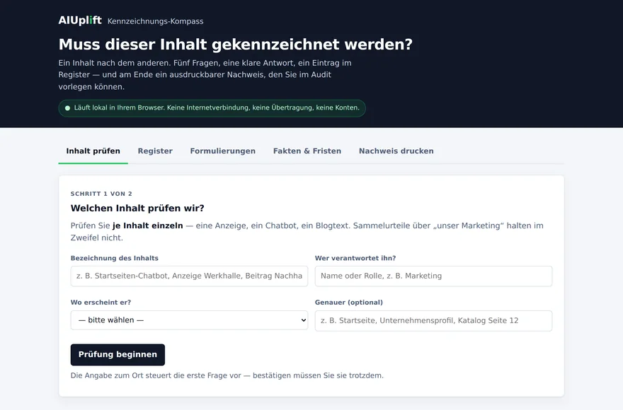 Ausschnitt aus dem Kennzeichnungs-Kompass: die Eingabemaske des ersten Prüfschritts mit den Reitern Inhalt prüfen, Register, Formulierungen und Nachweis.